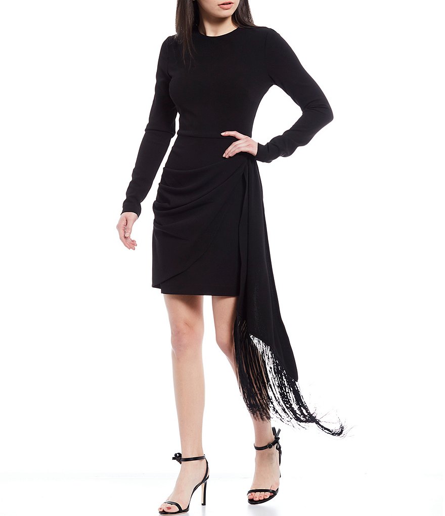 Belle Badgley Mischka Alex Long Sleeve Crew Neck Cocktail Fringe Dress