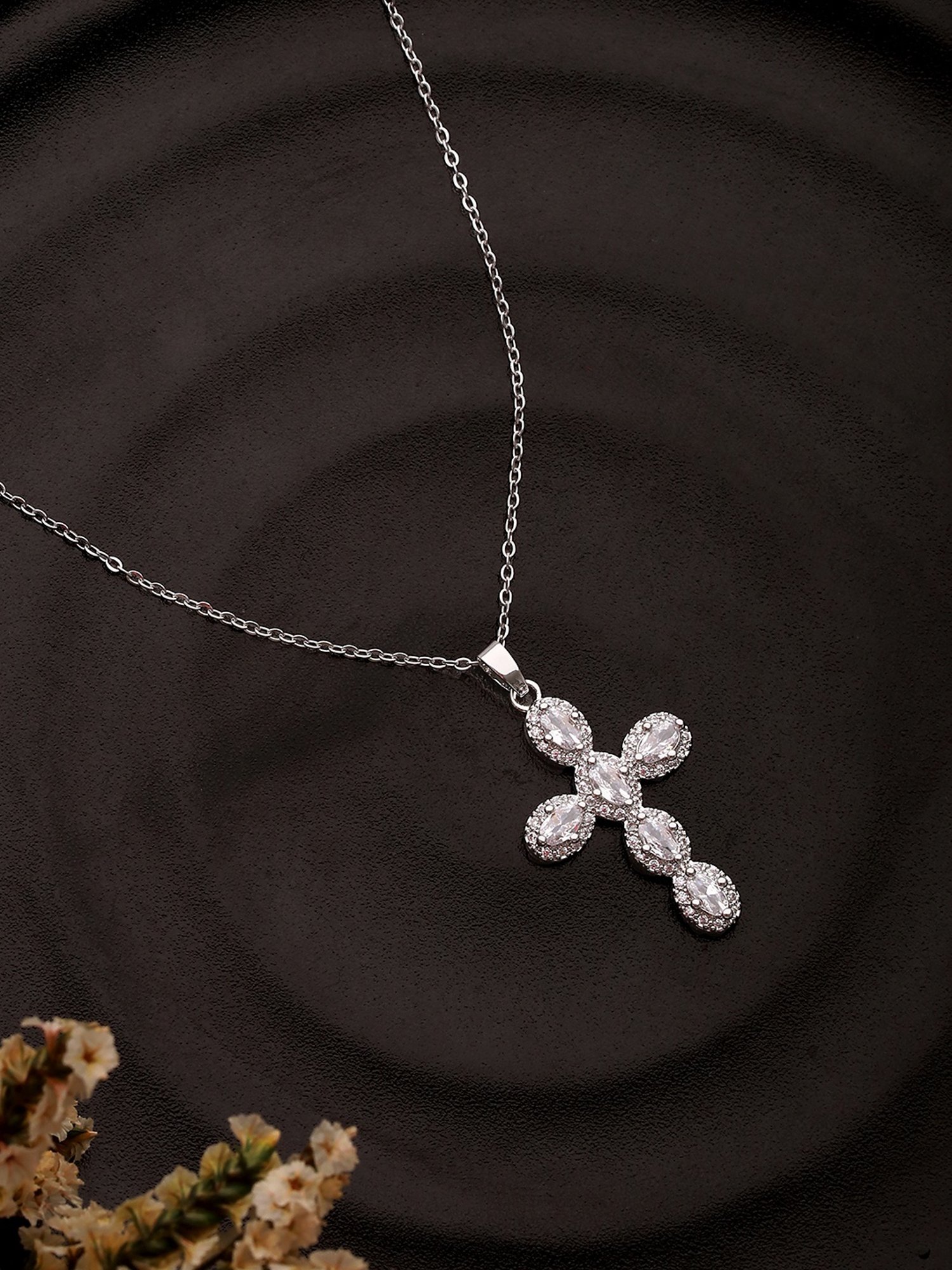Aatmana Silver-Plated Holy Cross Shaped CZ-Studded Pendant with Chain