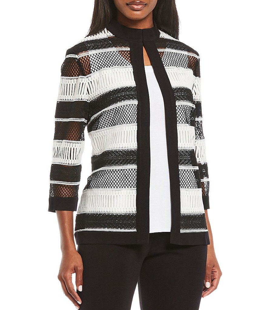 Misook 3/4 Sleeve Mandarin Collar Multi Lace Stripe Jacket