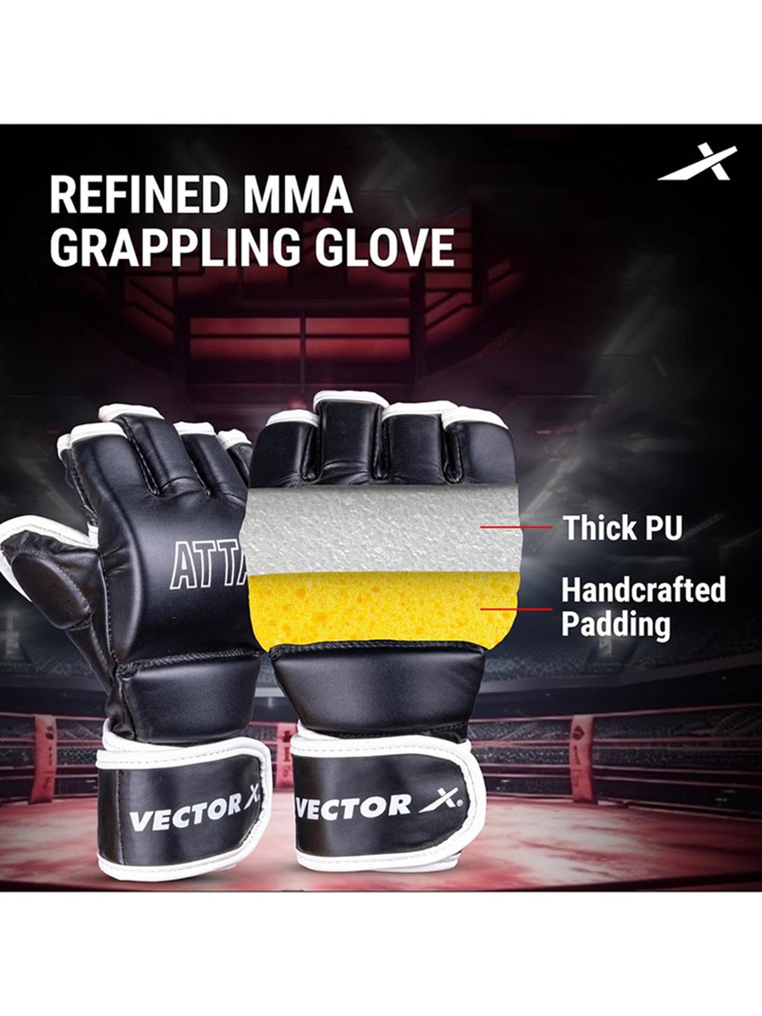 Vector X Attack MMA Thumb Protection Grappling Gloves (Black) Size - L/XL