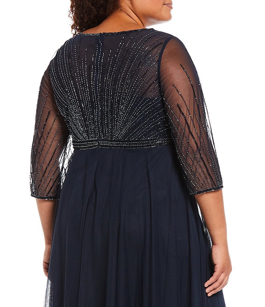 Jkara Plus Size 3/4 Sleeve Illusion Beaded Jewel Neck Lined Gown