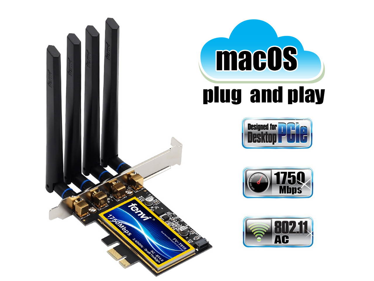 T919 MacOS Hackintosh PCI-E Wifi Bluetooth 4.0 Adapter 1750Mbps Wireless BCM94360CD Wi-Fi Card For PC, Up to 1300Mbps (5Ghz) + 450Mbps(2.4Ghz), 802.11ac, Airdrop / Handoff, 4 High Gain Antennas