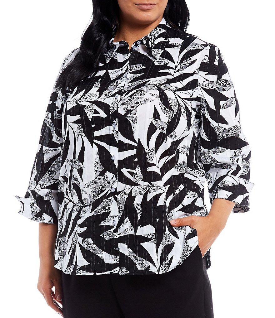 Allison Daley Plus Size Paradise Leaf Geo Print Point Collar Neck 3/4 Sleeve Flip-Cuff Button Front Cotton Shirt