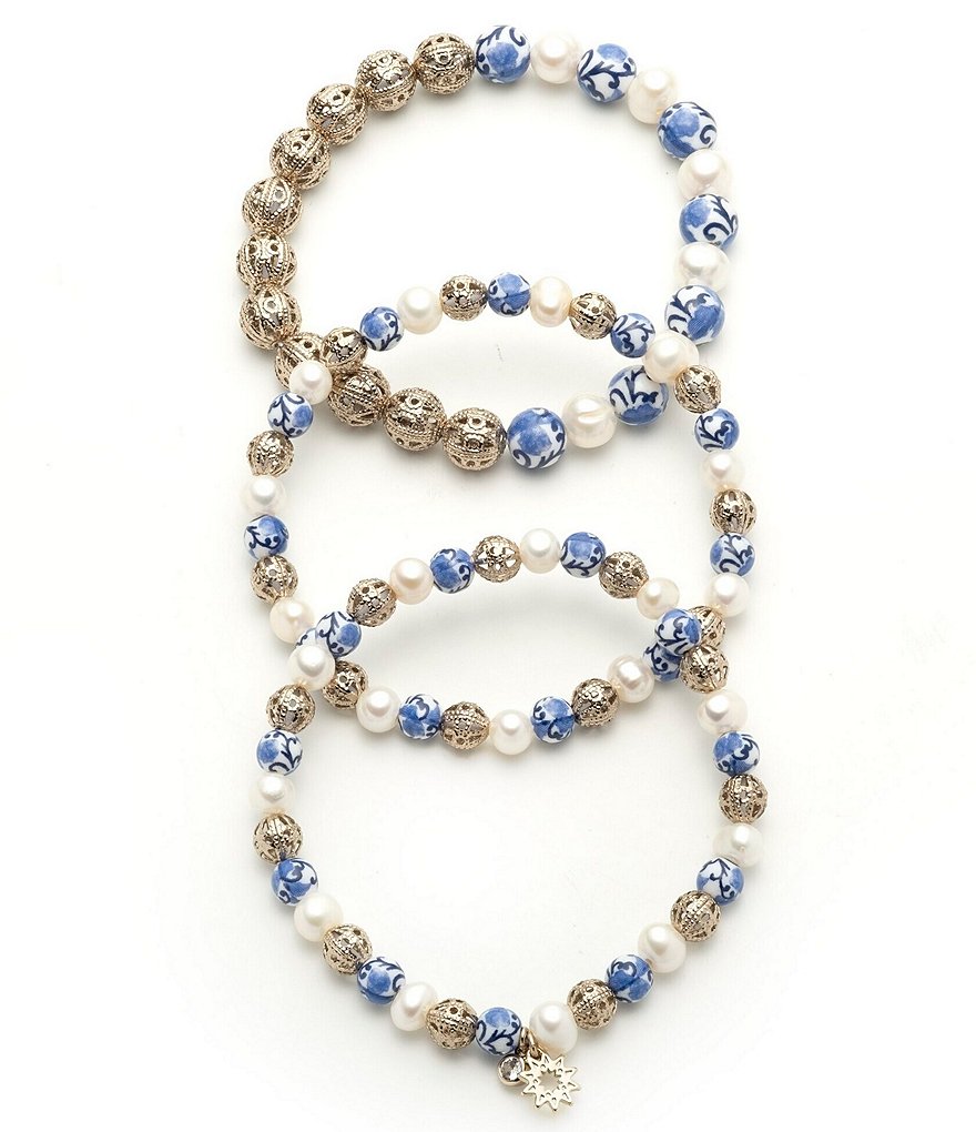 Marchesa Blue and White Bead Stretch Bracelet Set