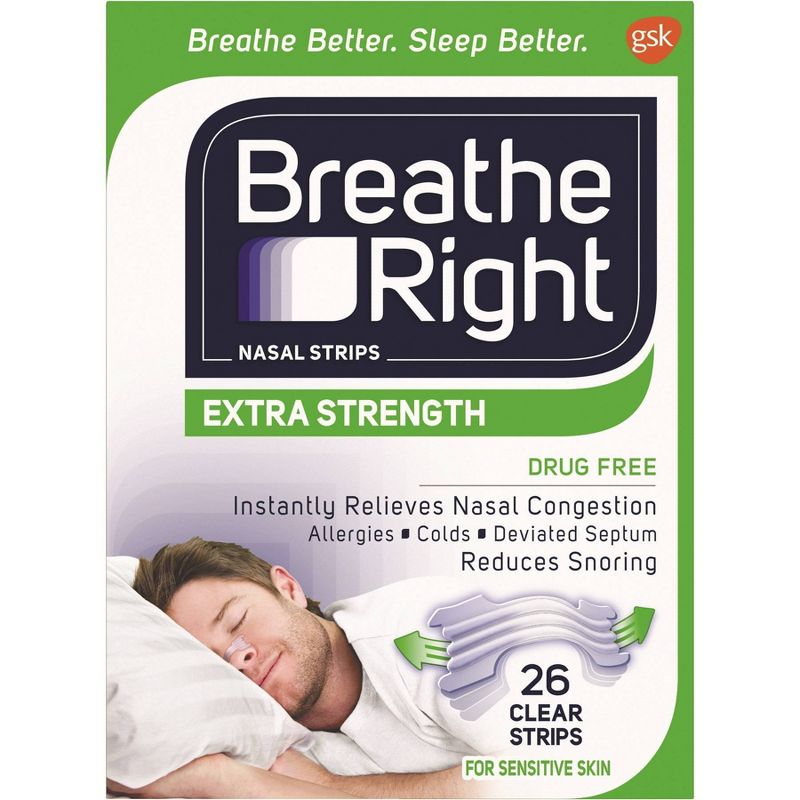 Breathe Right Extra Clear for Sensitive Skin Drug-Free Nasal Strips for Congestion Relief - 26ct