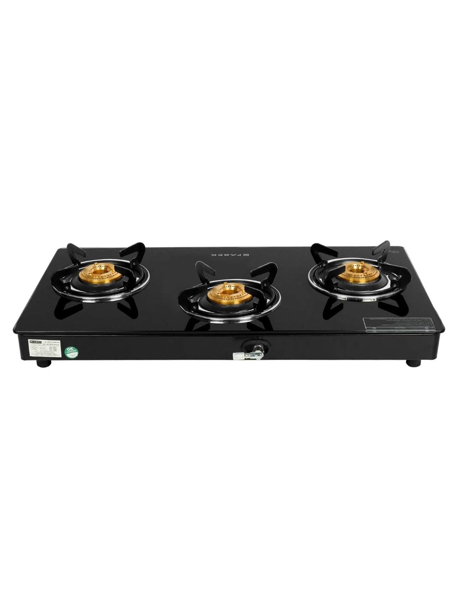 Faber Glass Top 3 Burner Gas Stove with Powder Coated Pan Support & Manual Ignition (Black)