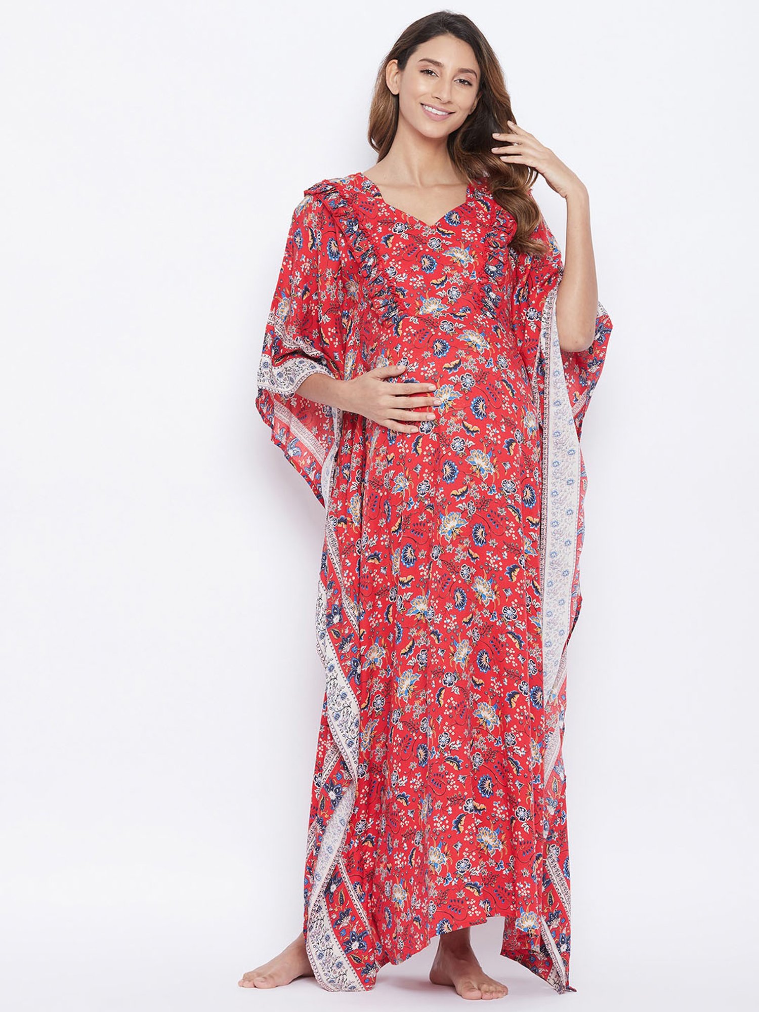 The Kaftan Company Red Printed Maternity Night Dress