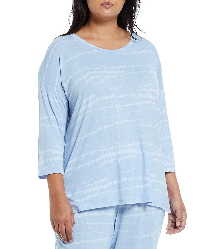 VAN WINKLE & CO. Plus Tie Dye Print Round Neck 3/4 Sleeve Jersey Knit Sleep Top