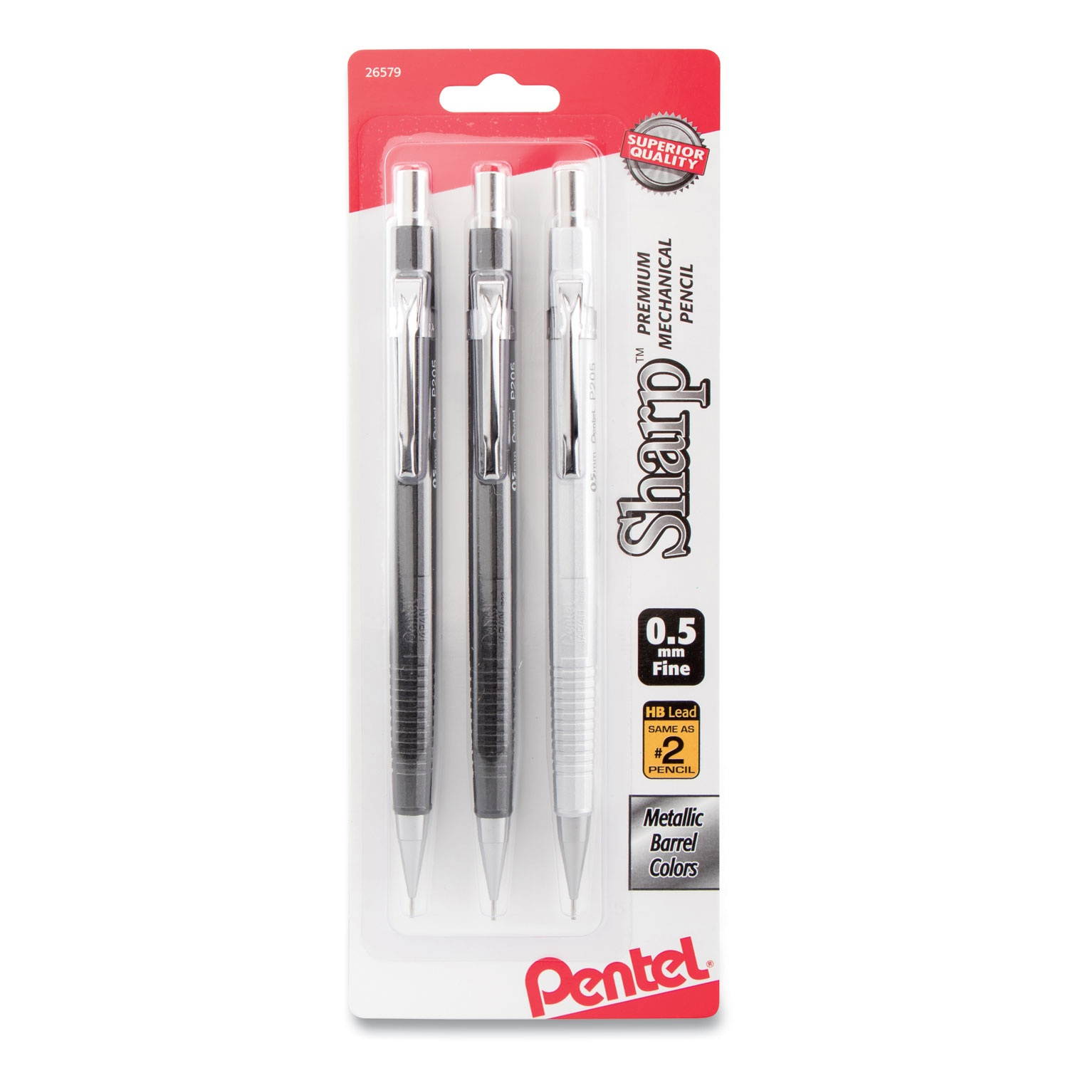 Pentel P205MBP3M Sharp Mechanical Drafting Pencil, 0.5 Mm, Assorted Barrels, 3/Pack
