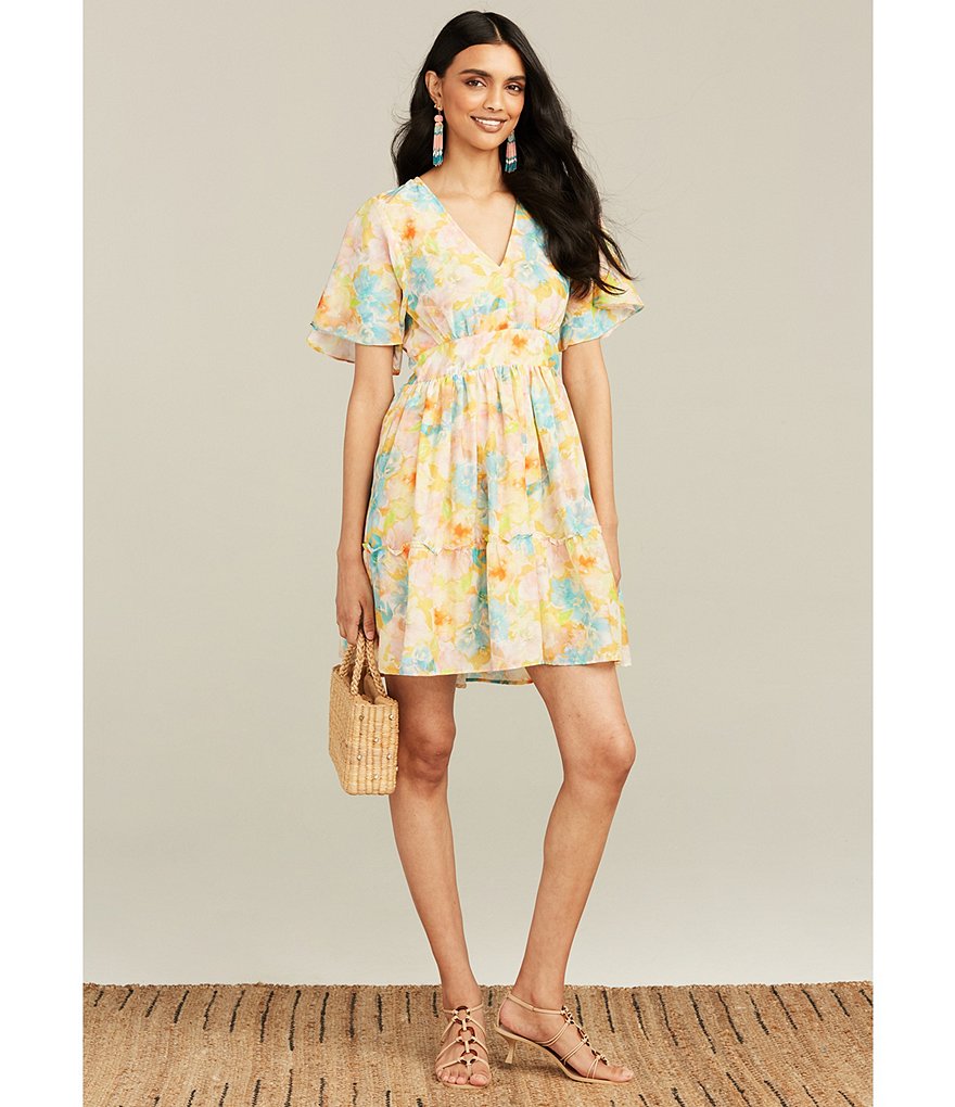 Roller Rabbit Sandria Cecilia V-Neck Flounce Short Sleeve Watercolor Pattern Print Dress