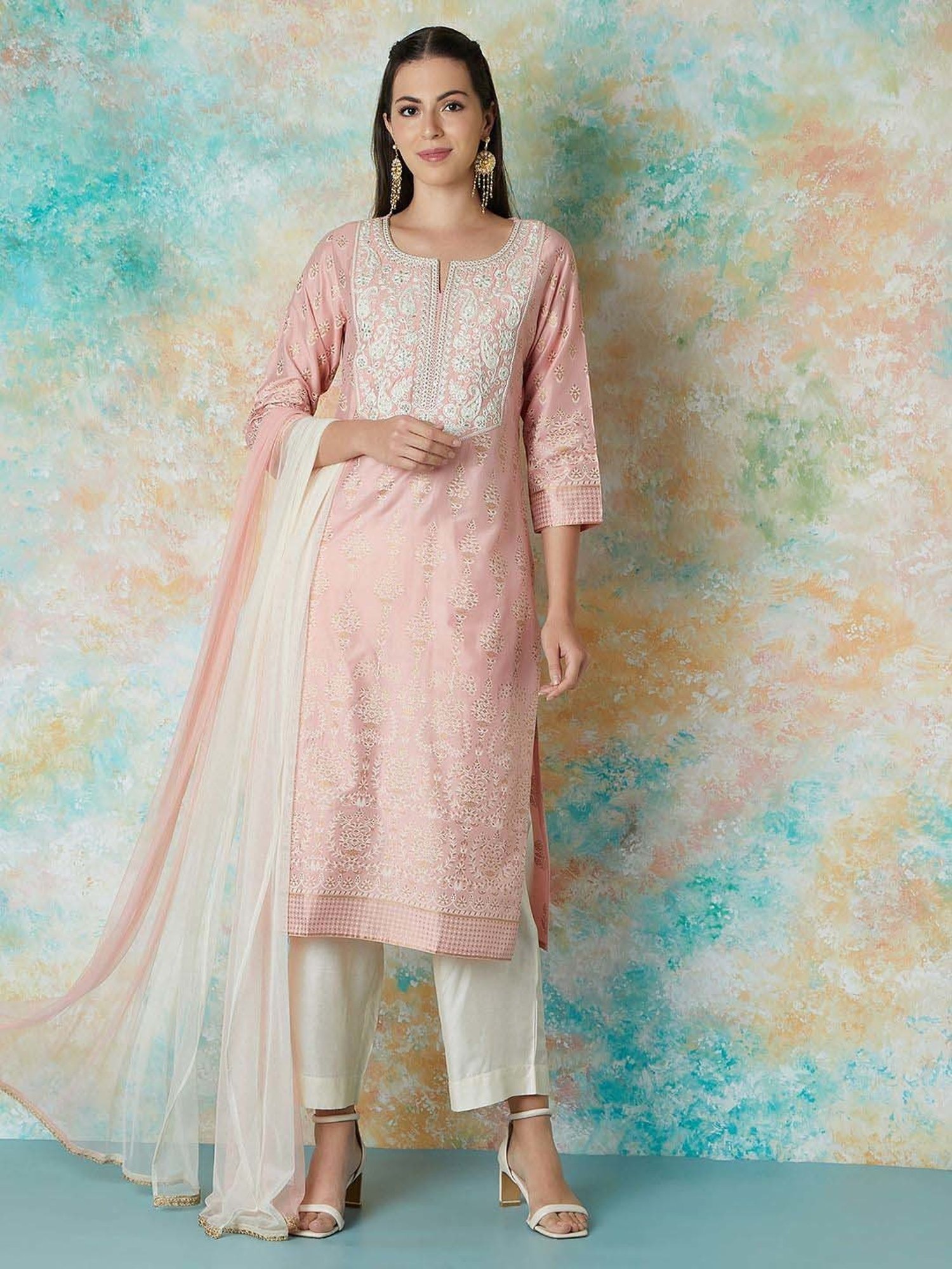Melange by Lifestyle Pink Embroidered Kurta & Pant Set With Dupatta