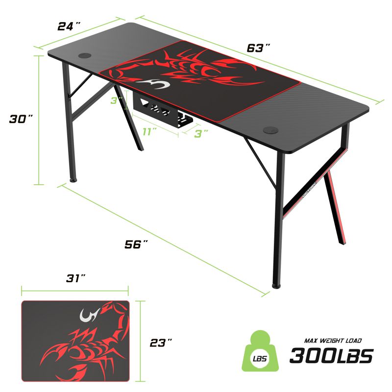 Eureka Gaming&reg; Captain K Series 63'' E-sport Desk, Home Office Gaming Computer Desk, K Shaped Gamer Workstation with Free Controller Stand, Cup Holder, Headphone Hook & Mousepad, Black