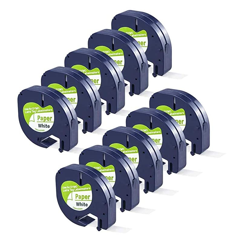 Compatible Label Tape Replacement for Dymo LetraTag Labeling Refills 91330 10697 S0721510 Black on White SelfAdhesive Paper Tape for DYMO Label Maker LT100T 12 Inch x 13 feet 10 Pack