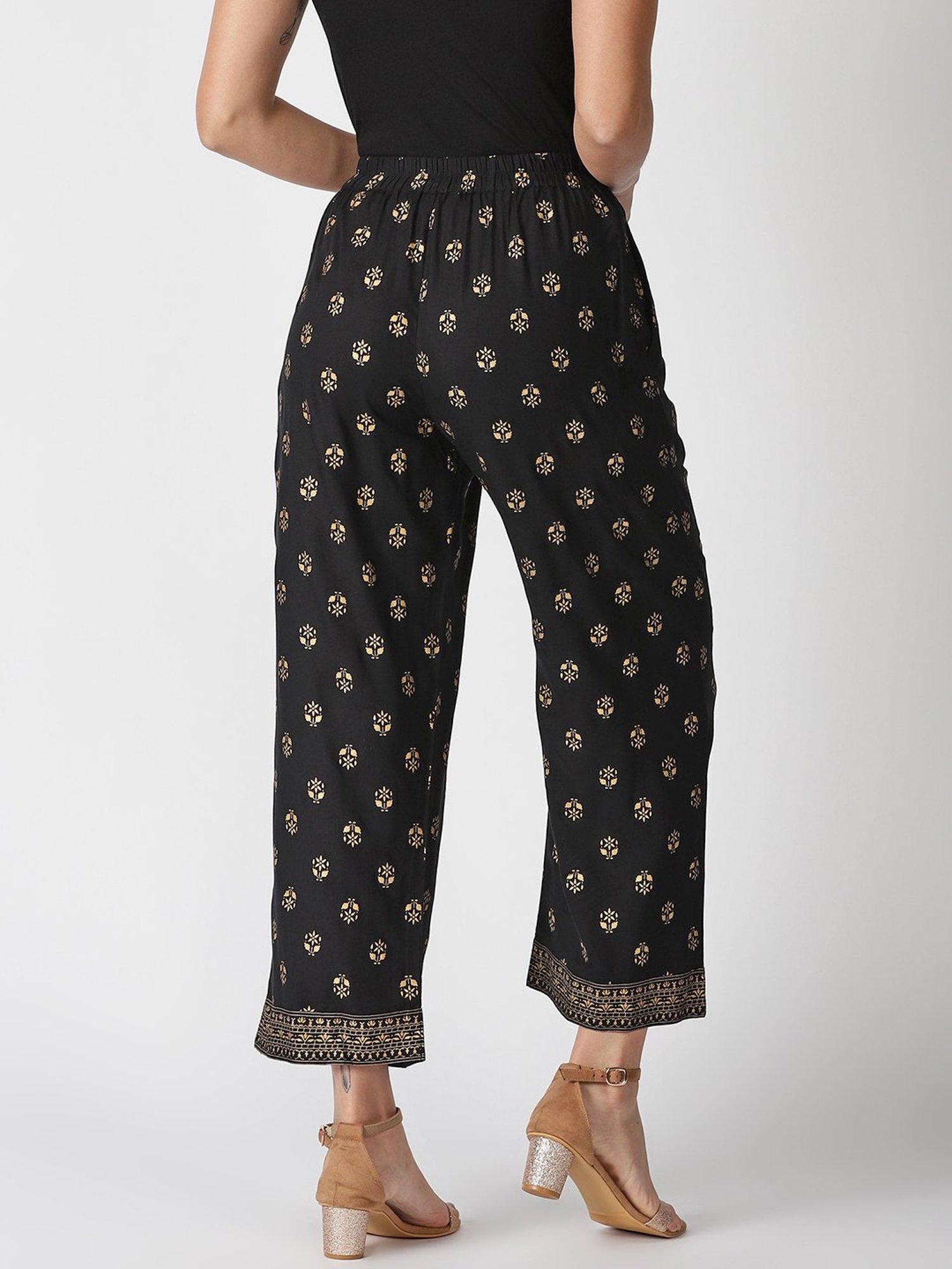Saffron Threads Black Printed Elasticated Palazzos