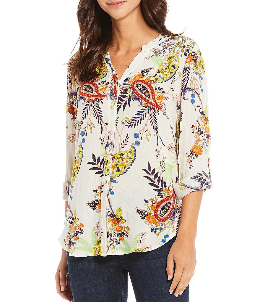 Figueroa & Flower Roxy Paisley Print Roll-Tab Sleeve Button Down Tie-Front Top