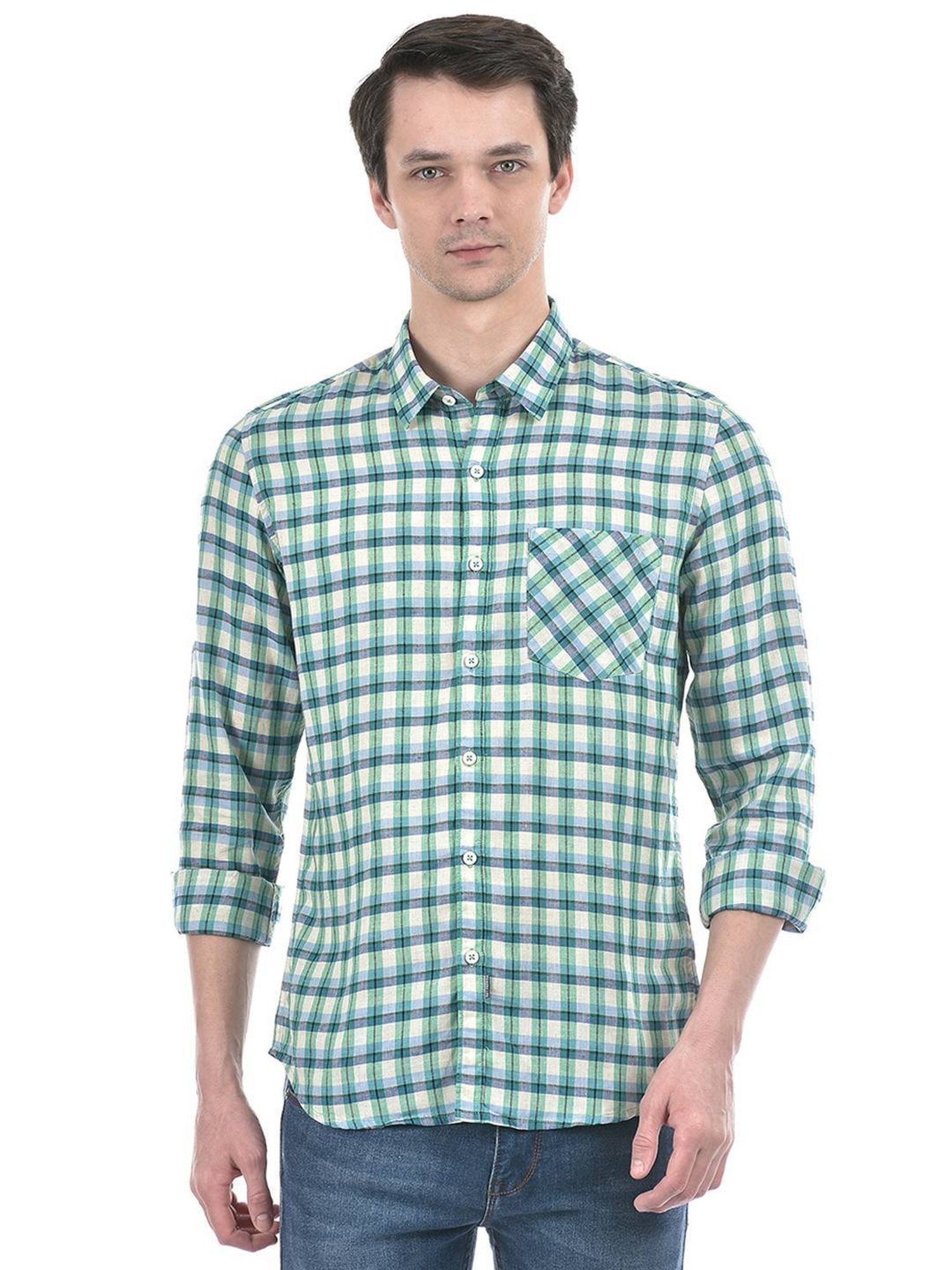 Numero Uno Green Cotton Slim Fit Checks Shirt