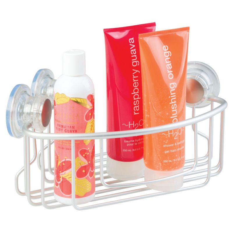 Rustproof Aluminum Turn-N-Lock Suction Bathroom Shower Corner Basket Silver - iDESIGN
