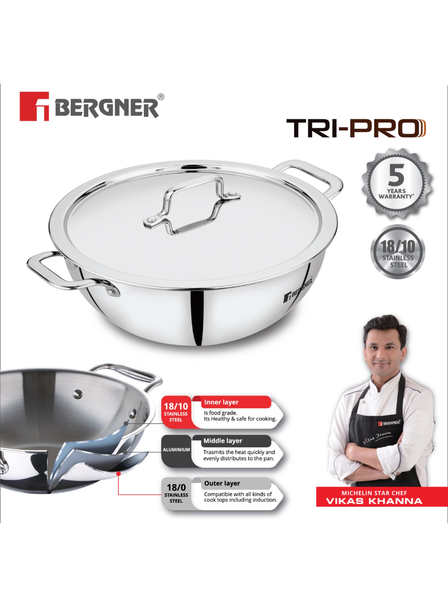 Bergner Silver Triply Stainless Steel Induction Base Kadhai with Lid - 24cm (3.1L)