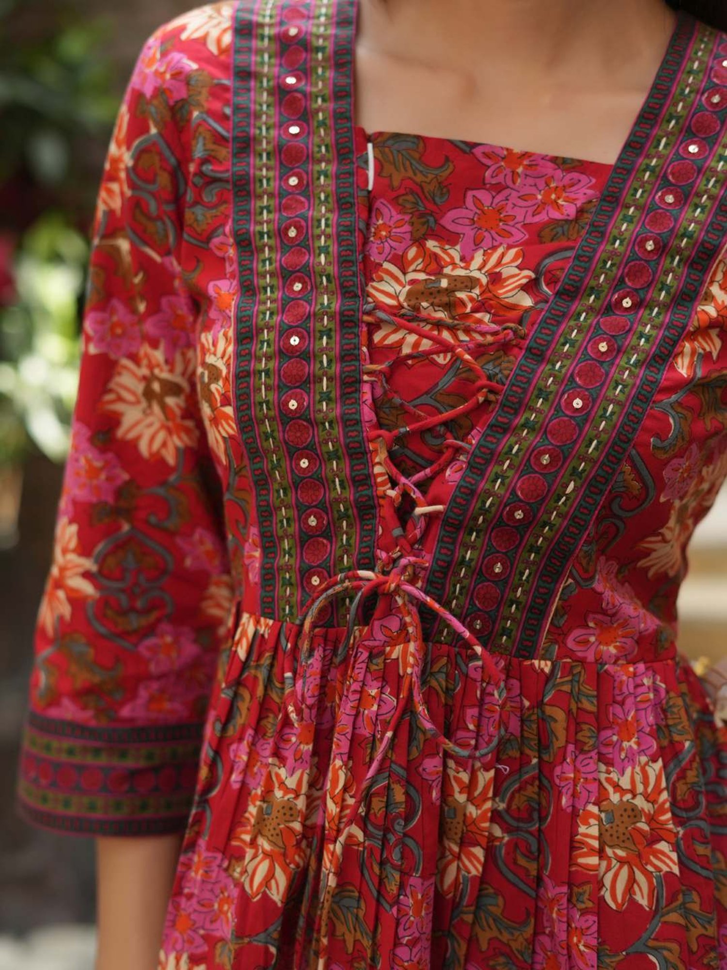 Rain and Rainbow Red Cotton Floral Print Top