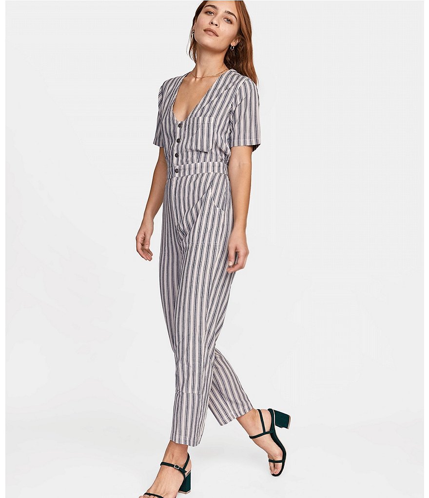 RVCA Range Short-Sleeve Overdye Yarn-Dye-Stripe Jumpsuit