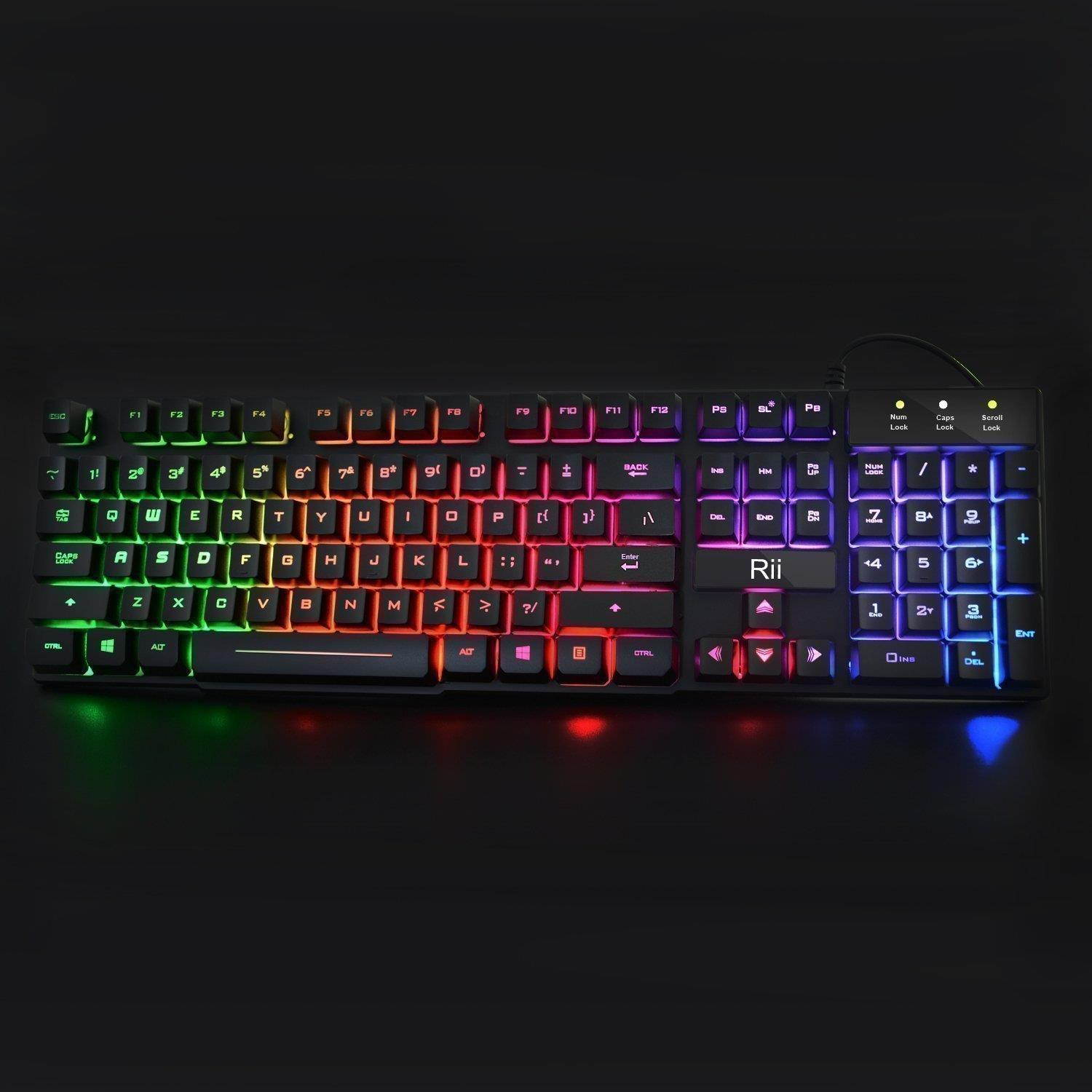 Rii RK100+ Multiple Color Rainbow LED Backlit Large Size USB Wired Mechanical Feeling Multimedia Gaming Keyboard