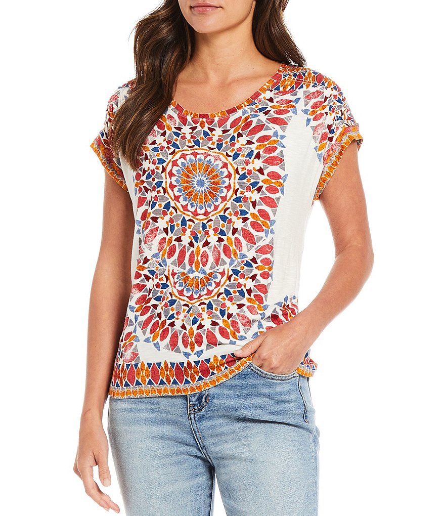 One World Apparel Fortune Placement Border Print Scoop Neck Ruched Extended Shoulder Sleeve Top