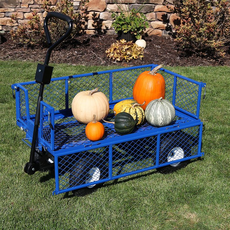 Sunnydaze Outdoor Lawn and Garden Heavy-Duty Durable Steel Mesh Utility Dump Wagon Cart with Removable Sides - Blue