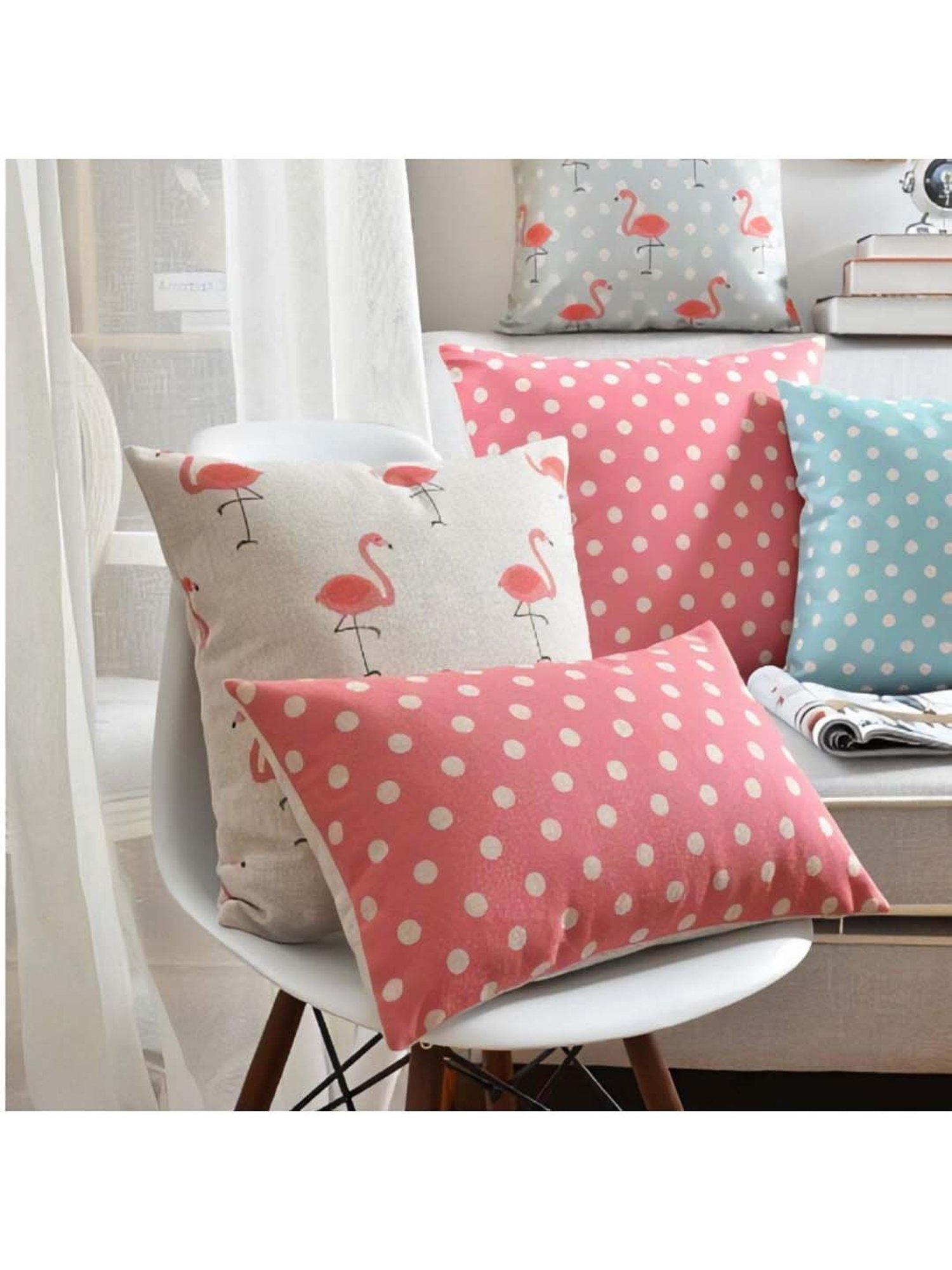 MODERN HOMES Pink & Blue Cotton Cushion Covers - Set of 6