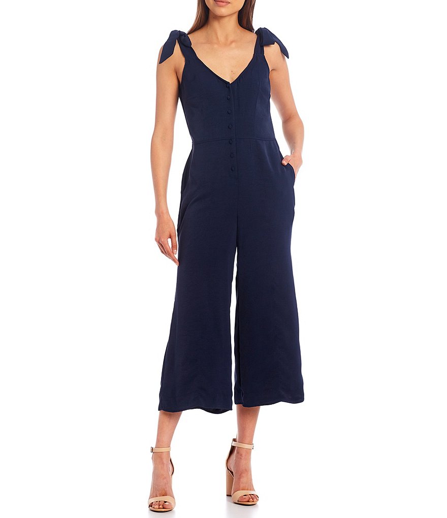 Chelsea & Violet Wide Leg Button Front Washed Pique V-Neck Sleeveless Jumpsuit