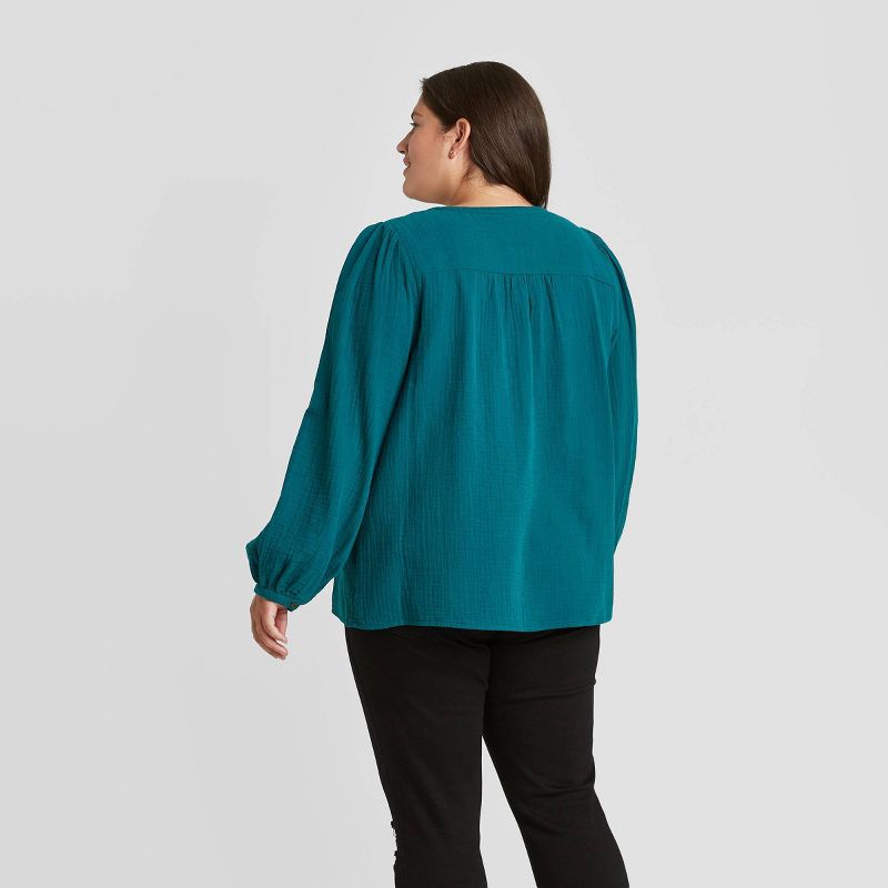Women's Puff Long Sleeve Button-Front Blouse - Universal Thread™ Teal XXL