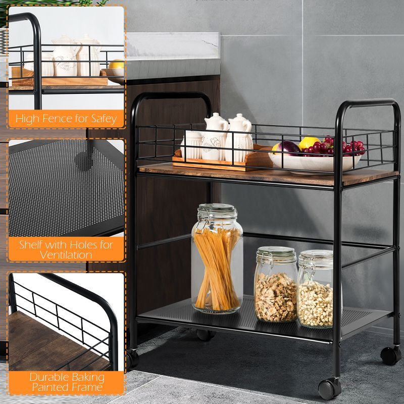 Costway 2-Tier Storage Rolling Cart Trolley W/Lockable Wheels Organizer Metal Frame Black