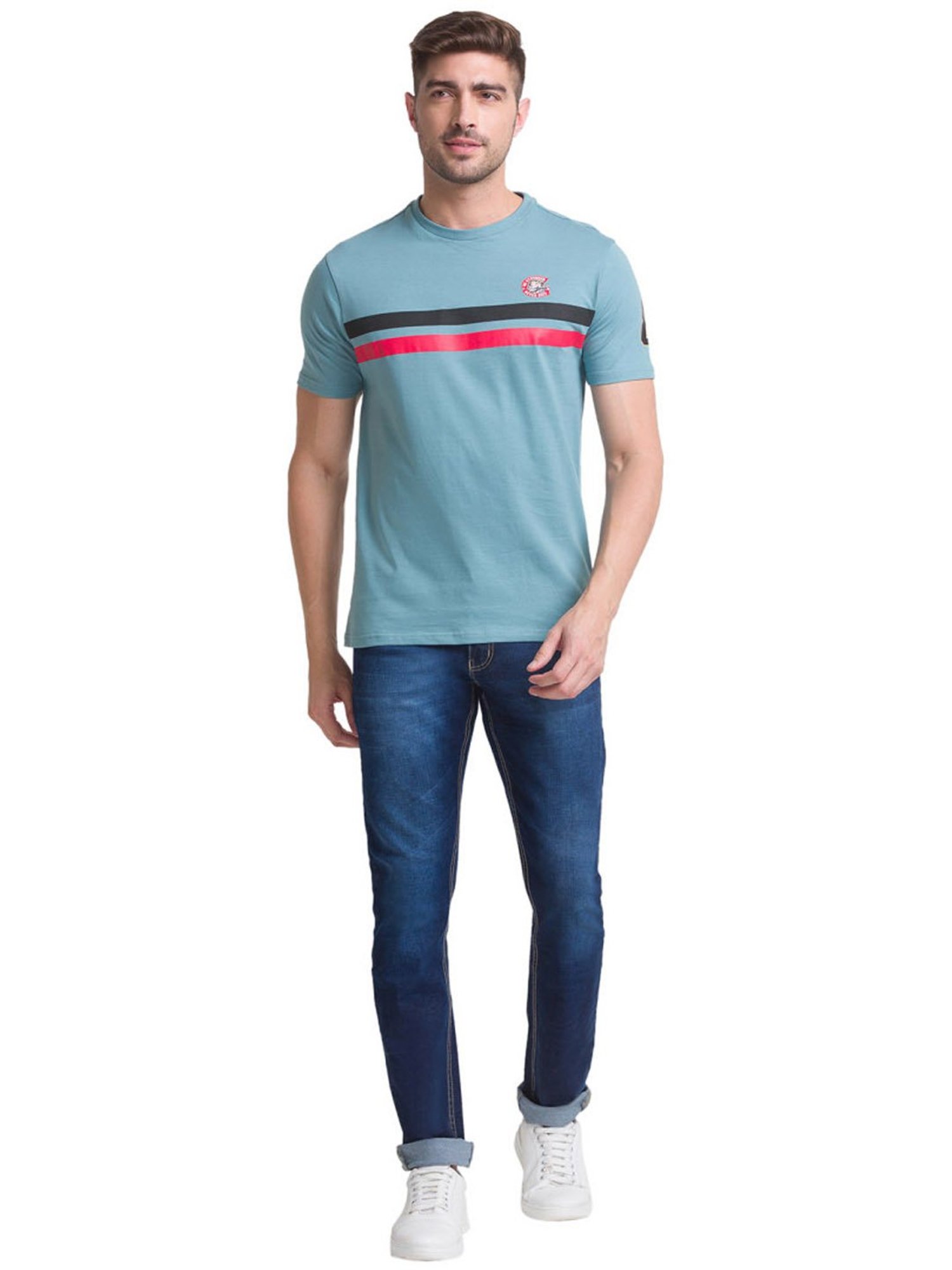 Giordano Green Cotton Slim Fit Striped T-Shirt