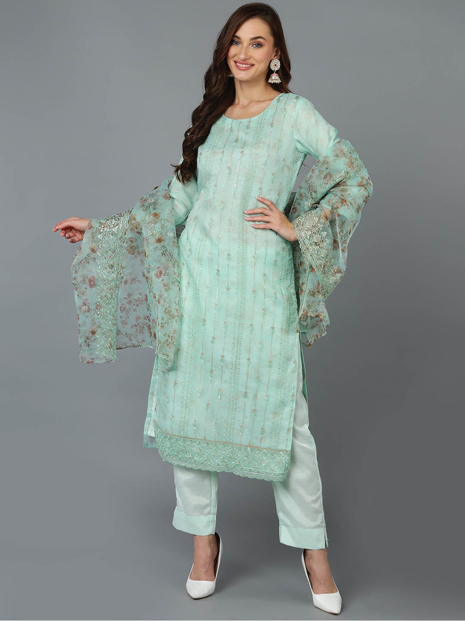 Vaamsi Sea Green Embroidered Kurta Pant Set With Dupatta