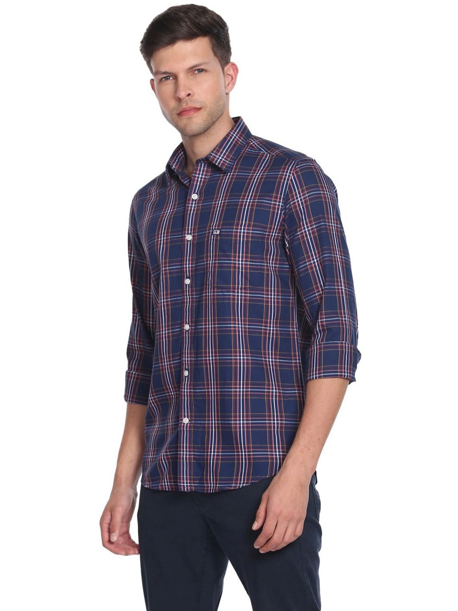 Spykar Blue Cotton Slim Fit Checks Shirt