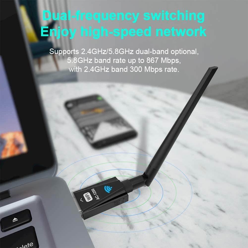 USB WiFi Adapter 1200Mbps Techkey Wireless Network Adapter USB 3.0 WiFi 802.11 ac with Dual Band 2.42GHz/300Mbps/5.8GHz/866Mbps 5dBi High Gain Antenna for Desktop Laptop Windows XP/7-10/ Mac OS