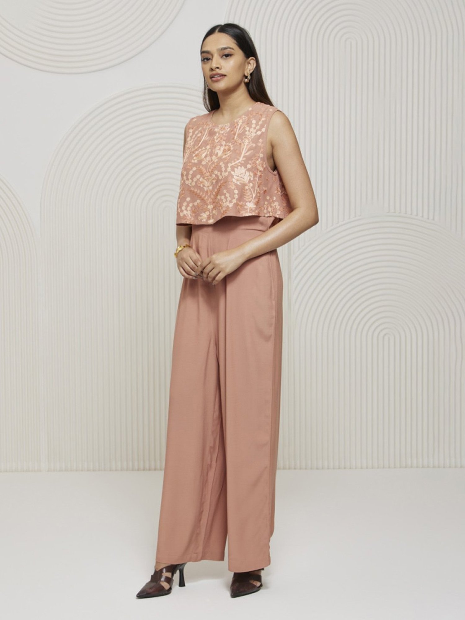 Artagai Salmon Pink Jumpsuit with Kashida Embroidery