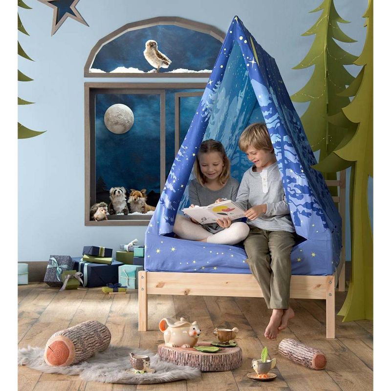 HearthSong - Kids Twin-Sized Forest A-Frame Blue Bed Tent Canopy, Approx. 74 L x 54 H x 35.5 W