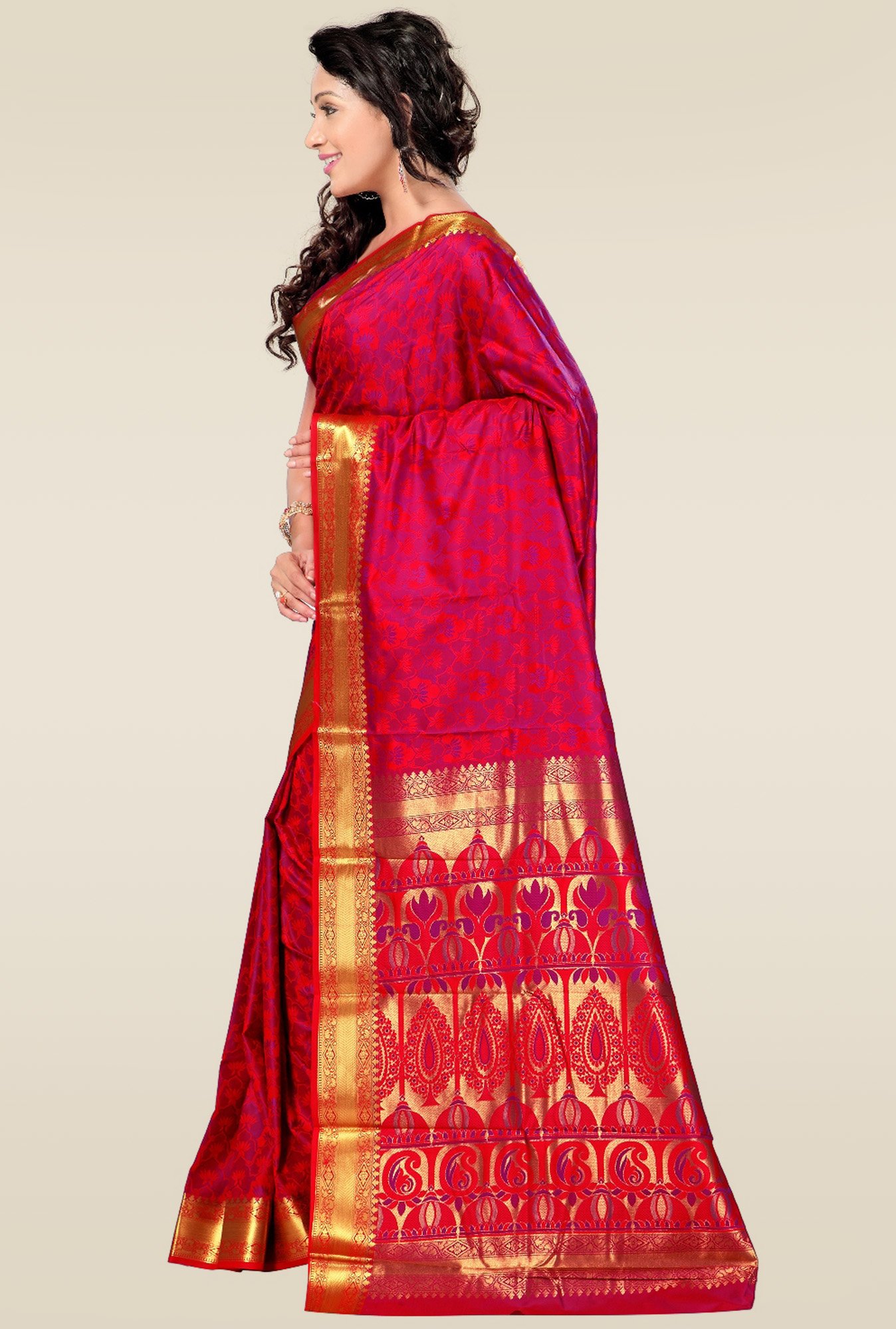 Janasya Red Foil Print Saree
