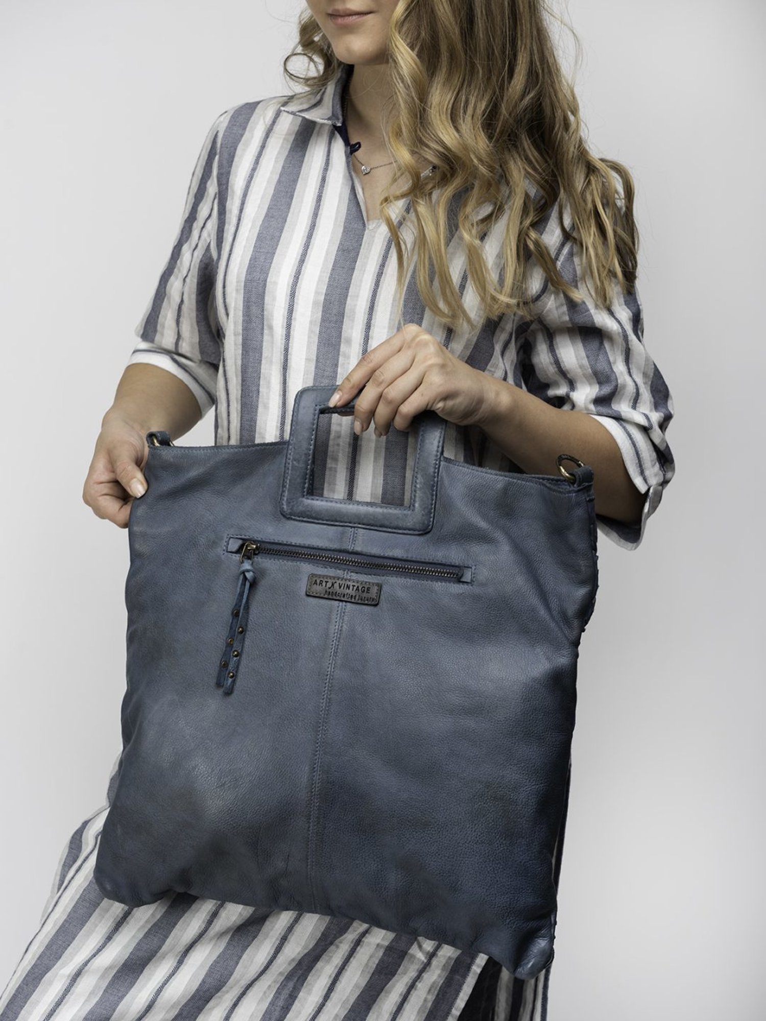 Art N Vintage Esther Blue Leather Textured Large Handbag