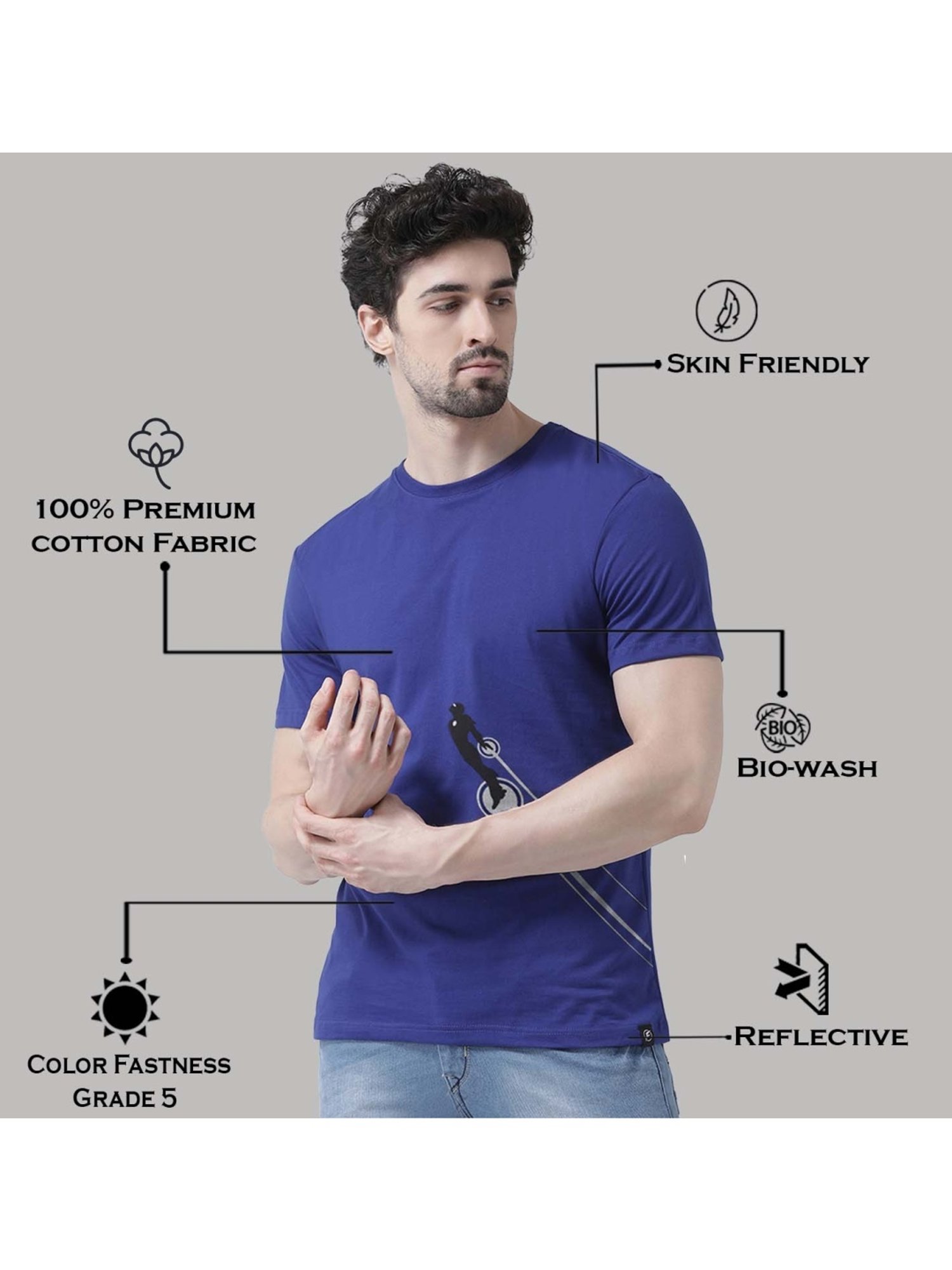 Friskers Blue Cotton Slim Fit Printed T-Shirt