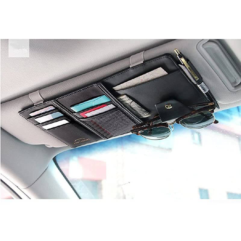 PU Car Sun Visor Storage Bag Auto Glasses Ticket Documents Folder Mobile Phone Organizer - Black