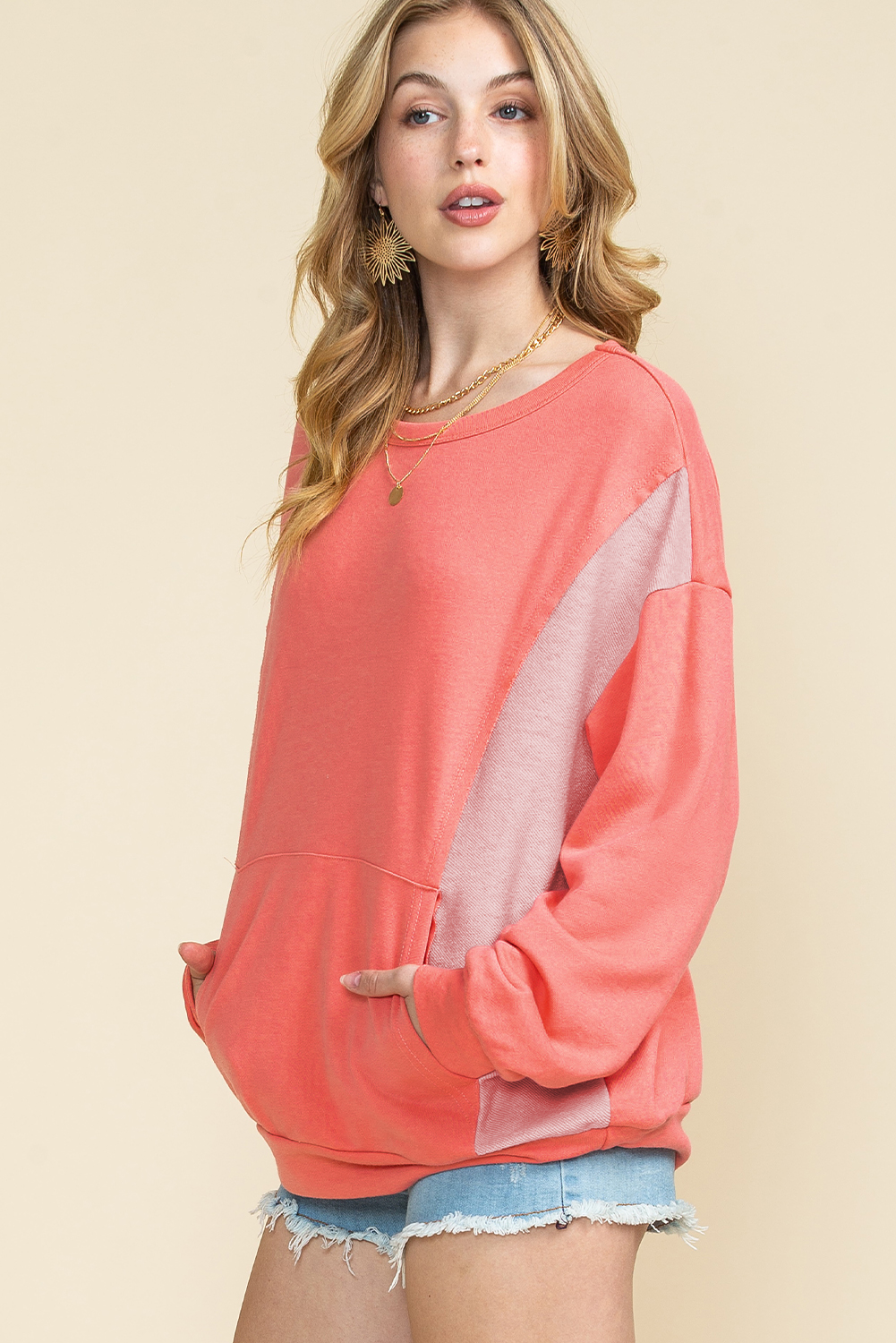 Red Colorblock Exposed Seam Patchwork Sweatshirt