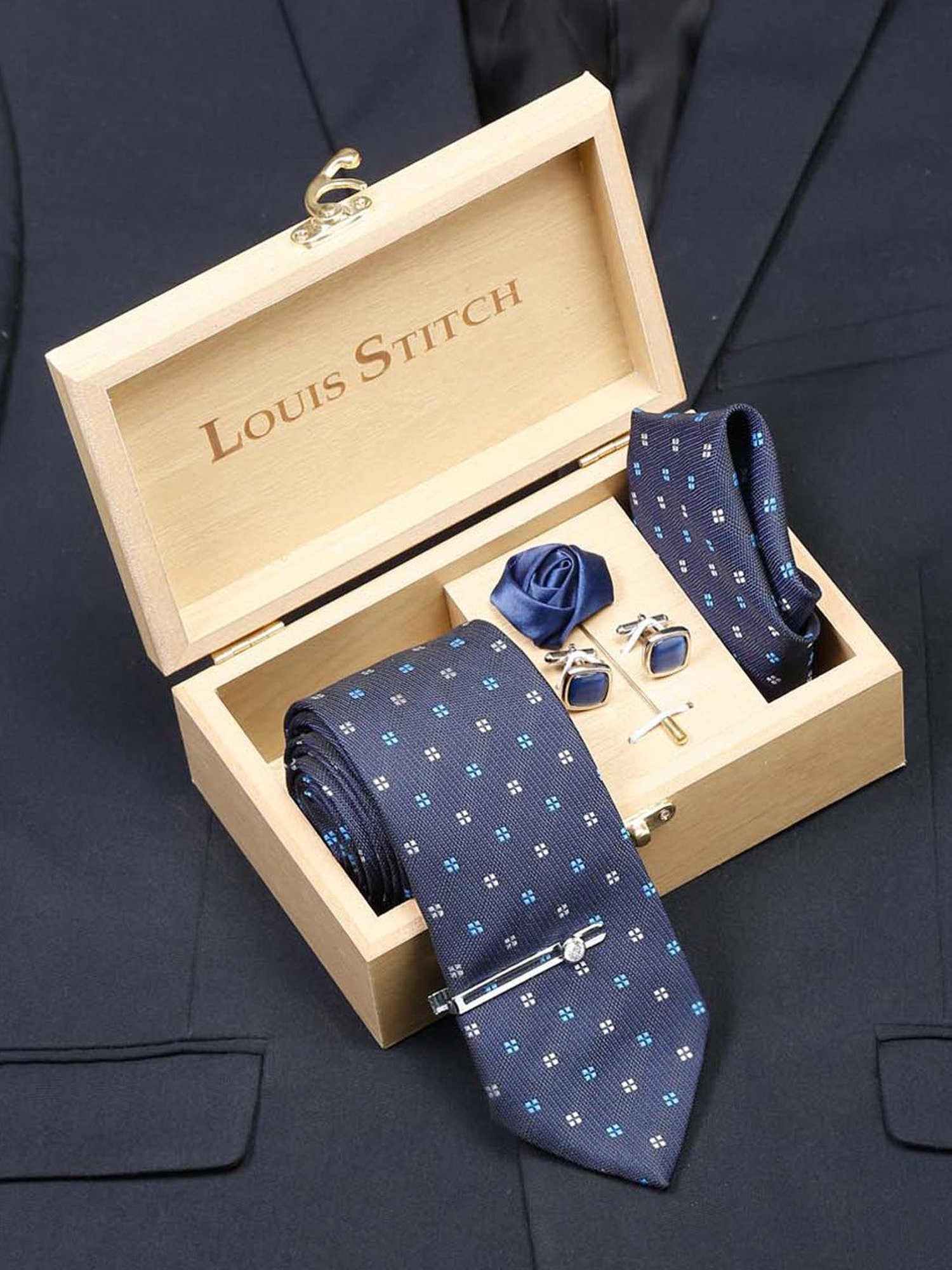 Louis Stitch Blue Embroidered Necktie Gift Set - Set of 5