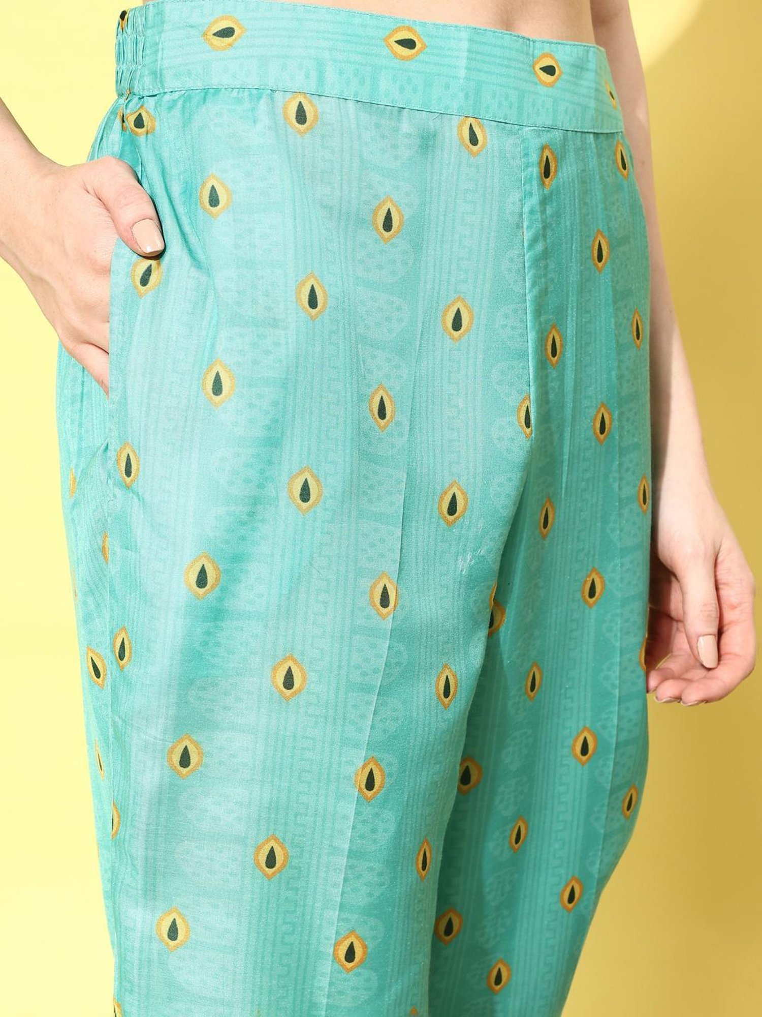 Indo Era Sea Green Floral Print Tunic Pant Set