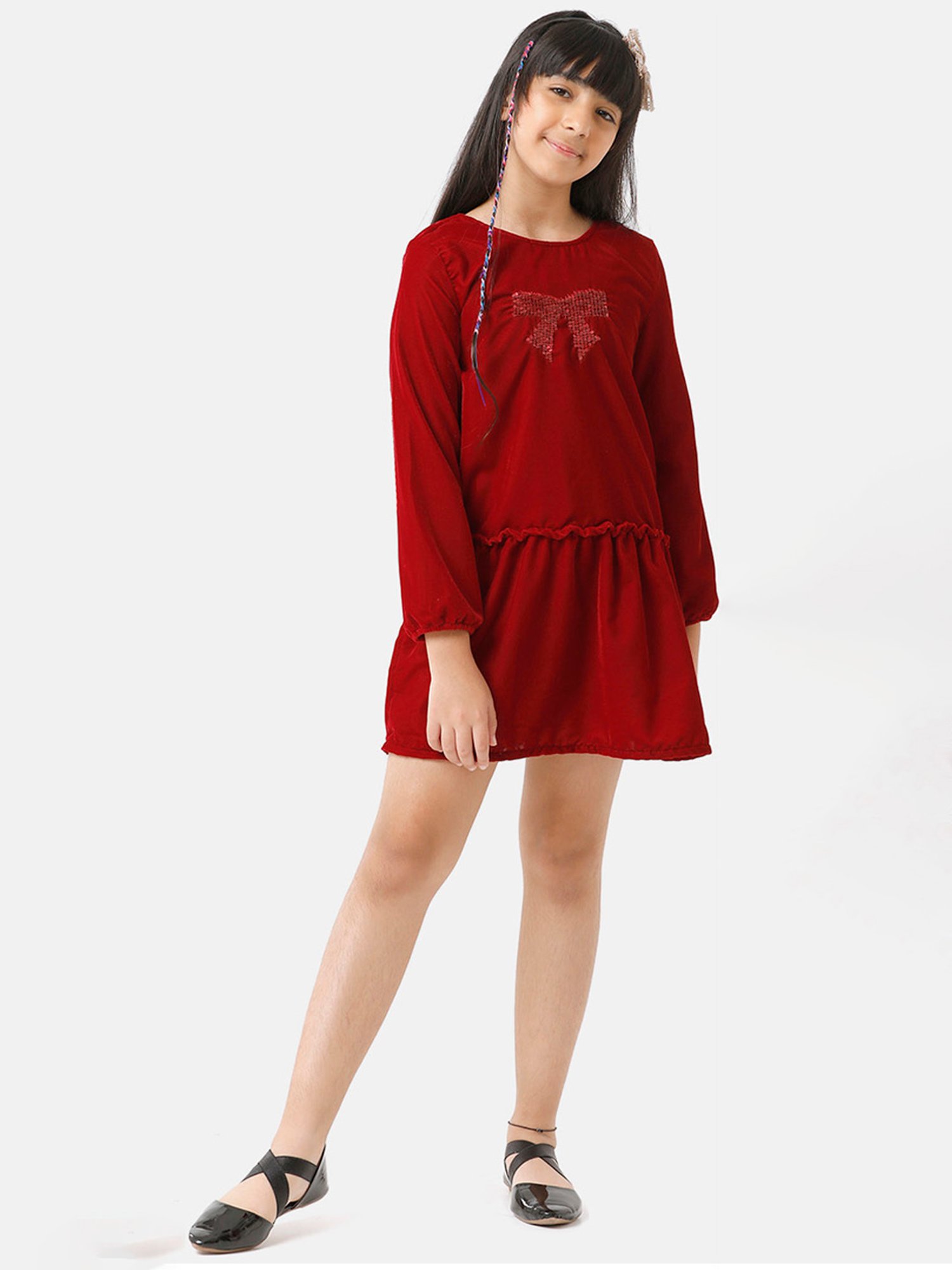 Under Fourteen Only Kids Maroon Embellished Full Sleeves Dress