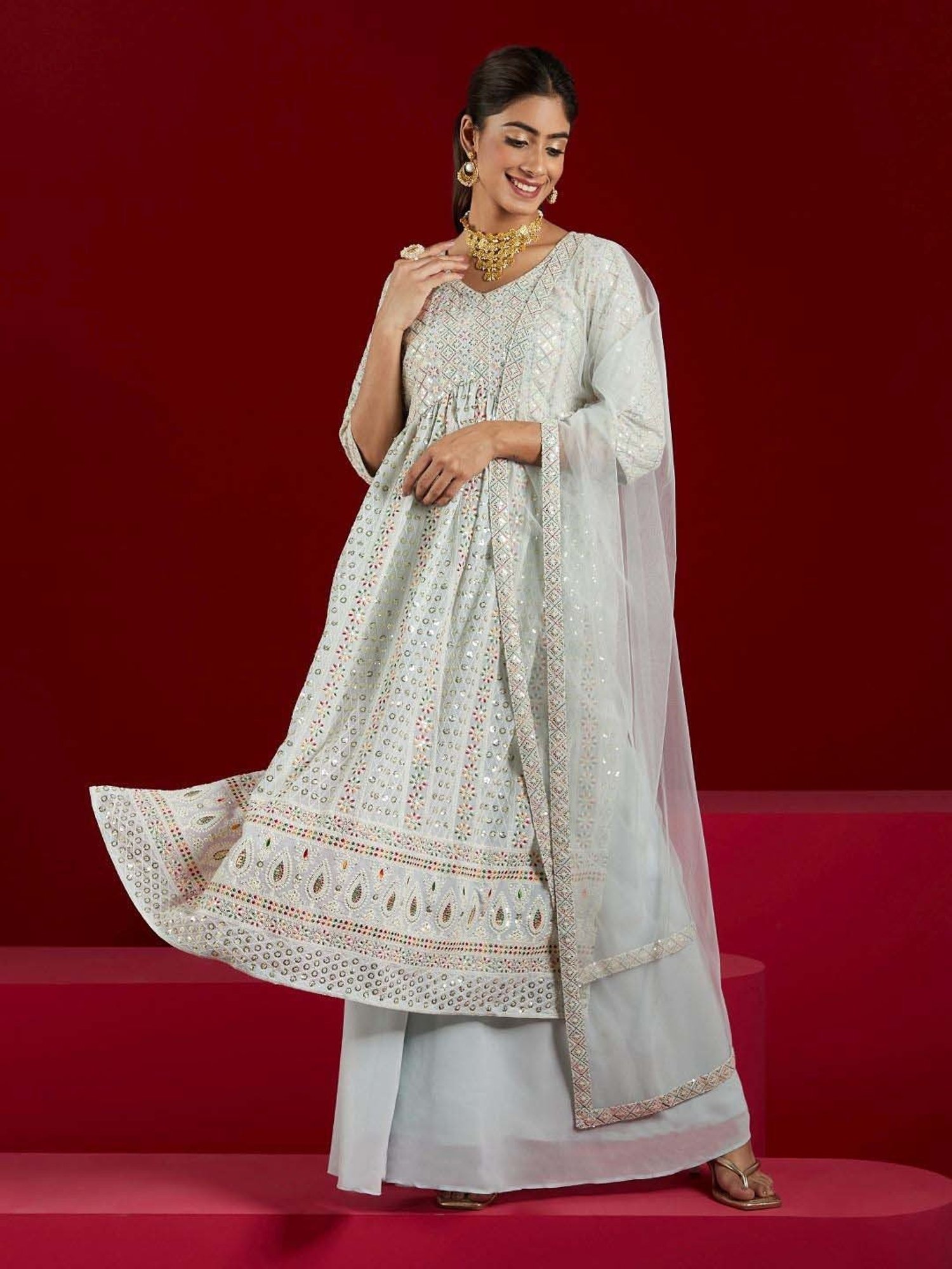 Libas Art Blue Embroidered Kurta Palazzo Set With Dupatta