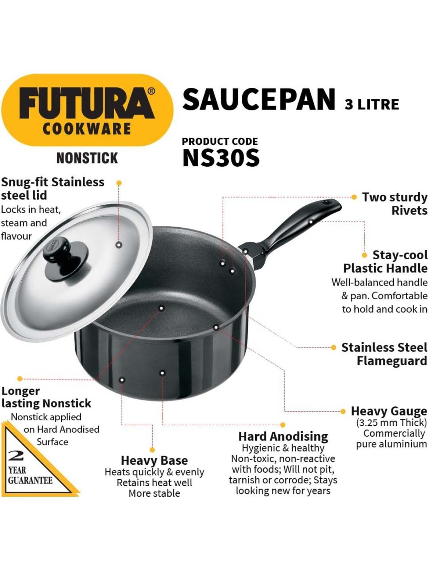 Hawkins Black & Silver Hard Anodised 21.7 cm Non-Stick Sauce Pan With Lid (3 L) - Set of 1