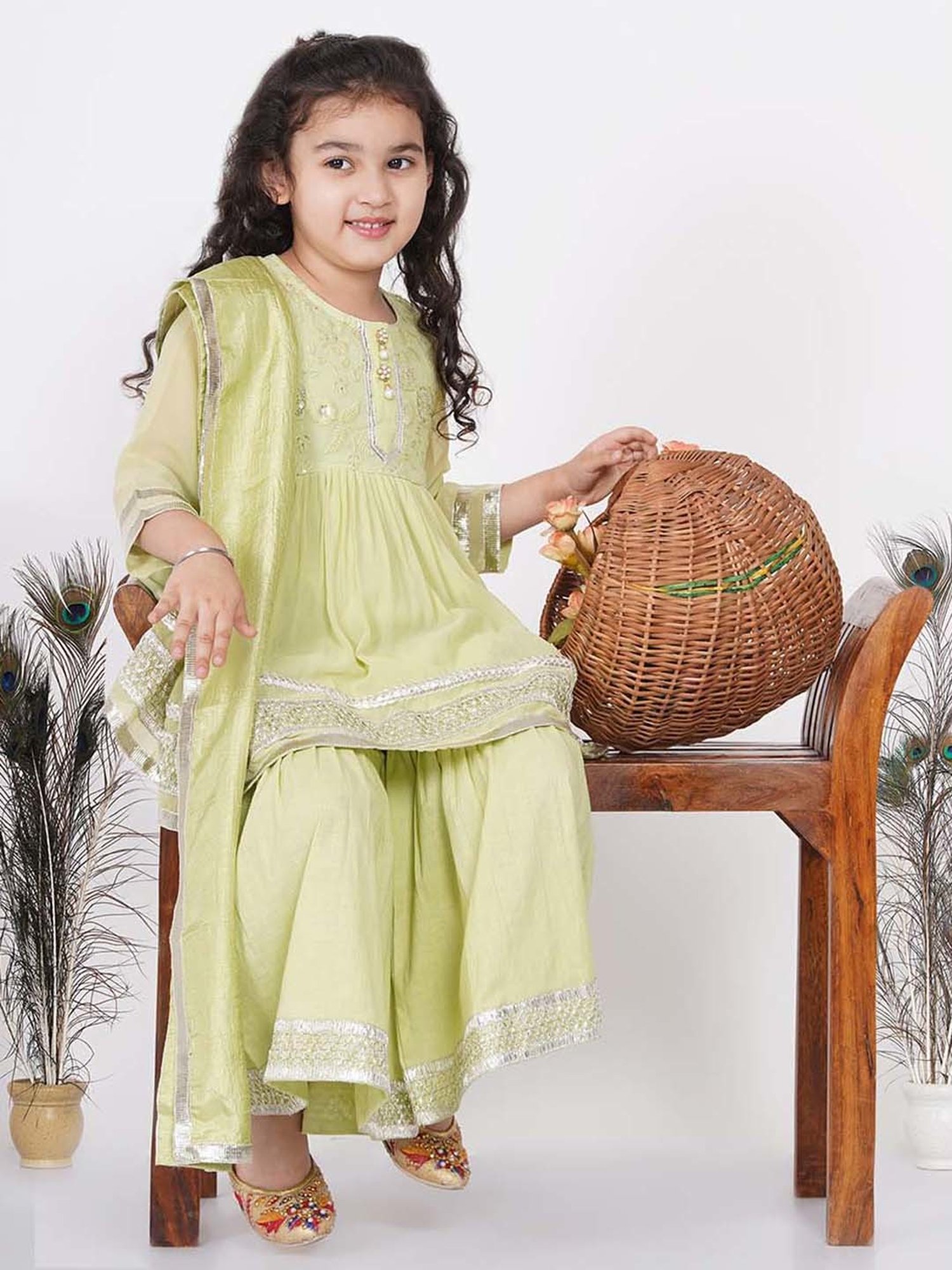 Little Bansi Kids Green Embroidered Kurta Set