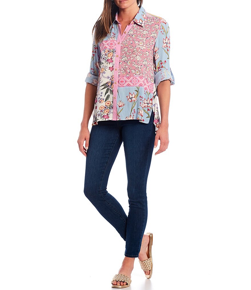 Calessa Petite Size Embroidered Detail Mixed Floral Print Button Down Hi-Low Tunic