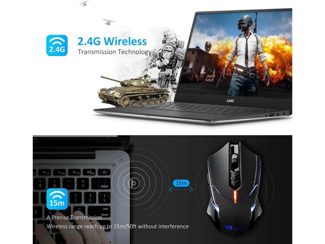 Wireless Gaming Mouse with Unique Silent Click, Breathing Backlit, 2 Programmable Side Buttons, 2400 DPI, Ergonomic Grips, 7-Button Design - Black